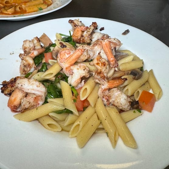 PENNE FRESCA WITH GRILLED SHRIMP.