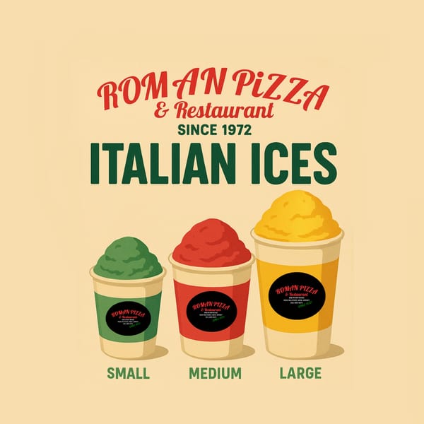 Three Roman Pizza Italian Ices in small green, medium red, and large yellow cups.