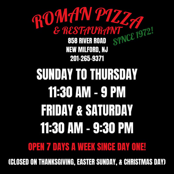 Roman Pizza & Restaurant's hours of operation and contact information on a black background.