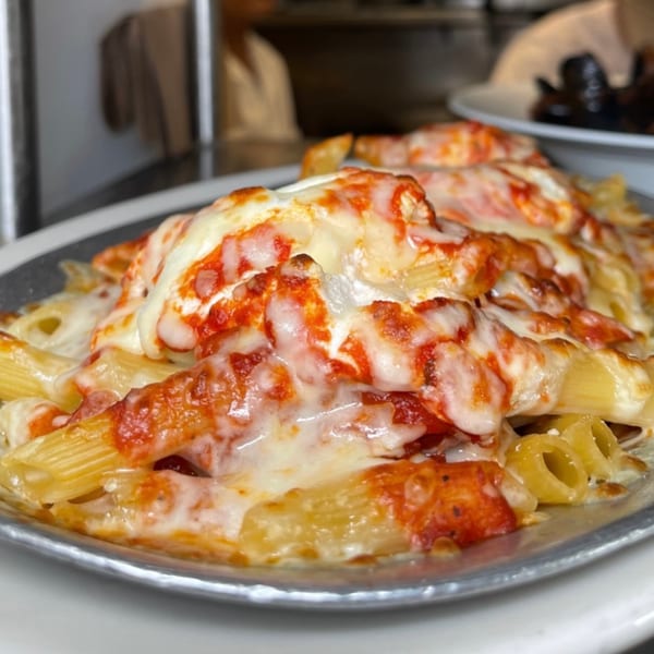 Baked ziti pasta with melted cheese and red sauce in a metal dish from Roman Pizza & Restaurant.