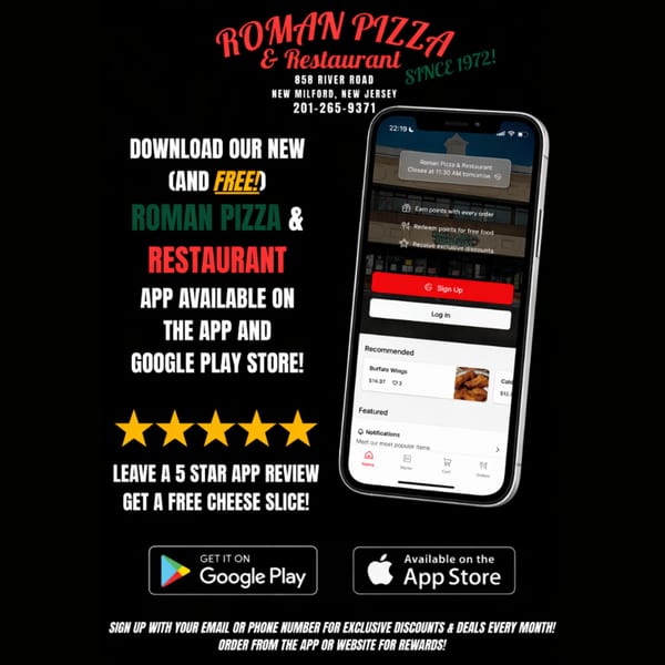 Roman Pizza & Restaurant app advertisement with a phone displaying the app interface and promotional text.