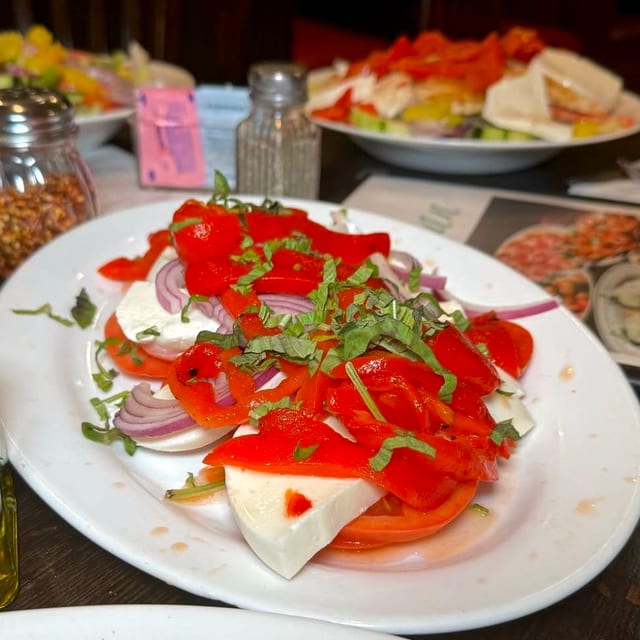 FRESH MOZZARELLA TOMATO ROASTED PEPPER SALAD.